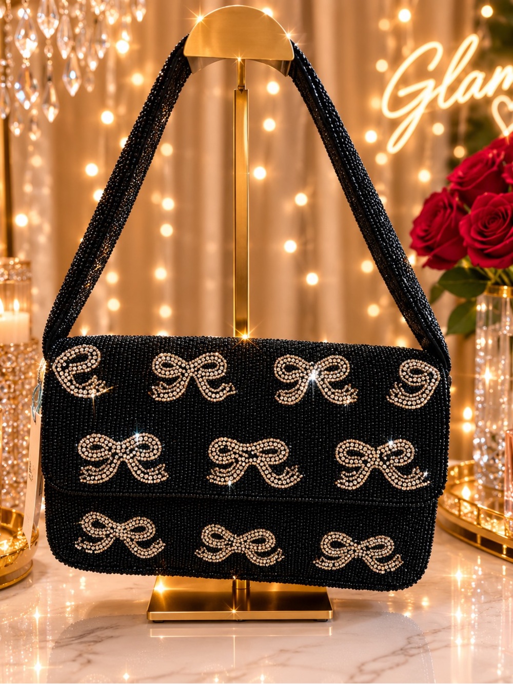 Black Beaded Bow Shoulder Bag – Glam Statement Handbag | Made in India | NWT